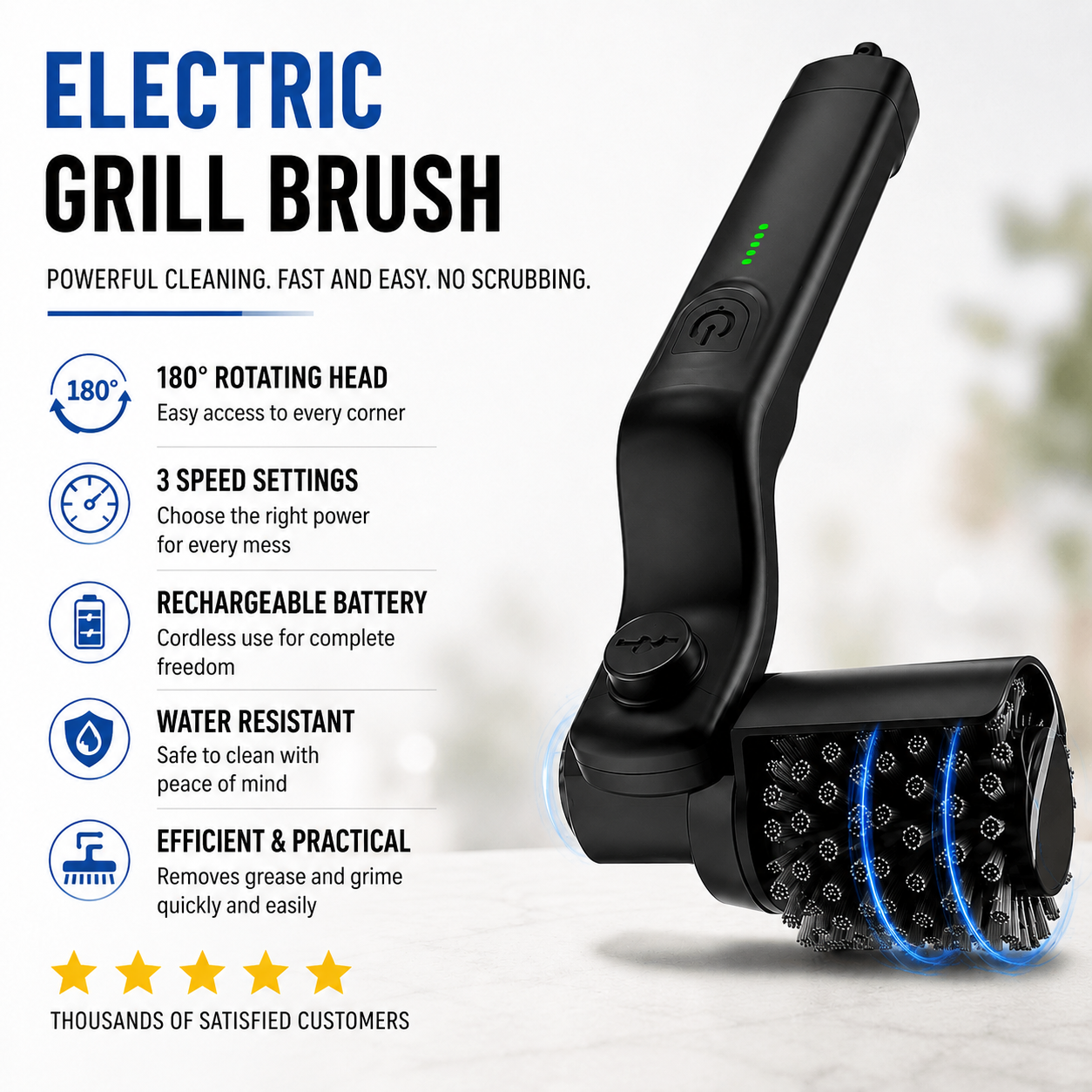 Electric BBQ Grill Brush – Cordless, Rechargeable & Adjustable